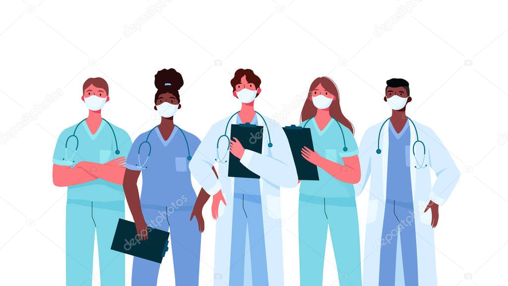 Coronavirus 2019-nCoV. Set of doctors characters in white medical face mask. Stop Coronavirus concept. Medical team doctor nurse therapist surgeon professional hospital workers, group of medics.