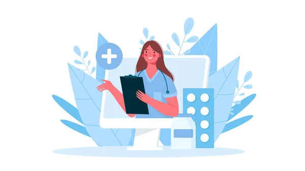 Consulta médica en línea, apoyo. Médico en línea. Servicios de salud. Médico de familia con estetoscopio en la pantalla del portátil. Ilustración vectorial para plantillas de landing page de sitios web . — Vector de stock