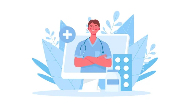 Çevrimiçi tıbbi danışmanlık, destek. Çevrimiçi doktor. Sağlık hizmetleri. Bilgisayarında steteskop olan aile doktoru. İniş sayfası şablonları için vektör illüstrasyonu