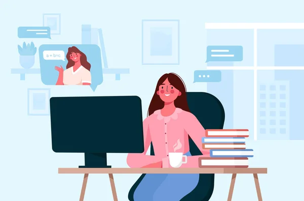 Çocuk karakterler uzaktan öğrenir. Masada oturan, bilgisayar ekranına bakan ve online uzaklık eğitimi alan bir kız. Öğretmenden ya da online öğretmenden evde eğitim. Evde yalnızlık