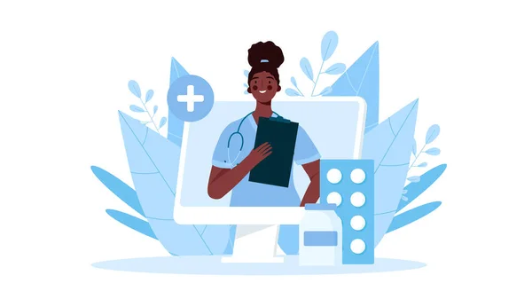 Online Ιατρική Γνωμάτευση Υποστήριξη Διαδικτυακός Γιατρός Υπηρεσίες Υγείας Οικογενειακή Γυναίκα — Διανυσματικό Αρχείο