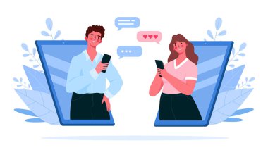 Sanal ilişkiler, online randevular, tecrit sırasında sosyal ağ konsepti. Kadın ve erkek internette sohbet ediyor, uygulama vektör düz çizimde buluşuyorlar. Çift cep telefonuyla konuşuyor.