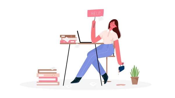 Femme Burnout Émotionnel Fatigué Énorme Quantité Travail Assis Son Lieu — Image vectorielle