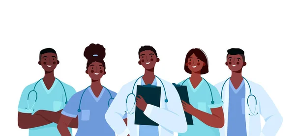 Siyahi doktor karakterleri. Tıbbi ekip konsepti vektör illüstrasyon tasarımında. Tıp doktoru, hemşire, terapist, cerrah, hastane çalışanları, bir grup sağlık görevlisi.. — Stok Vektör