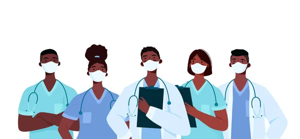 Coronavirus 2019-nCoV. Beyaz tıbbi maske takan siyahi doktor karakterleri. Coronavirus kavramını durdur. Tıp doktoru, hemşire, terapist, cerrah, hastane çalışanları, bir grup sağlık görevlisi.. — Stok Vektör