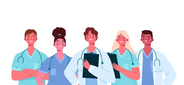 Bir dizi doktor karakteri. Tıbbi ekip konsepti vektör illüstrasyon tasarımında. Tıp doktoru, hemşire, terapist, cerrah, hastane çalışanları, bir grup sağlık görevlisi..