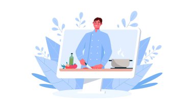 Çevrimiçi aşçılık okulu. İnternette yemek tarifi, aşçı adam yeni yemek tarifi öğretiyor. Yemek bloğu, kanal. Video dersi için. Çevrimiçi eğitim, uzaktan öğrenme, webinarlar. Düz Çizgi film Vektör İllüstrasyonu.