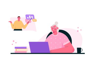 İnternet 'te kıdemli eğitim. Yaşlılar için E-öğrenme. Son sınıf öğrencisi, laptopta online kurslar izleyen, akademik diploma alan. Giysi, internet semineri. Vektör izole düz illüstrasyon.