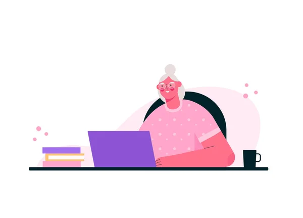 Uzaktan çalışma ya da kıdemli eğitim. Ev ofisinde çalışan yaşlı bir kadın, masada oturuyor, bilgisayar ekranına bakıyor ve iş arkadaşlarıyla internetten konuşuyor. Merkez ofis. Düz vektör illüstrasyonu.