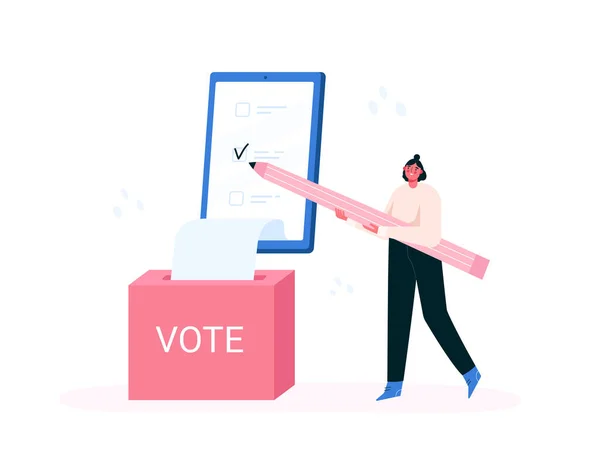 Vote en ligne, vote électronique, système Internet électoral, sondage. Une minuscule femme remplit un sondage sur papier. Concept de choix en ligne avec boîte et bulletins sur l'écran du smartphone. Liste de contrôle en ligne. — Image vectorielle