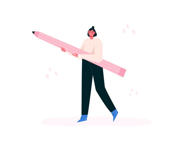 Mujer sosteniendo un lápiz grande. Chica creativa. Artista, pintor, diseñador. Escuela de arte o estudio de diseño, concepto de startup. Cartel del taller de artistas, pancarta, volante, anuncio, landing page. Ilustración plana del vector. — Vector de stock