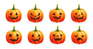 Yüzü değişik olan bir grup ürkütücü Cadılar Bayramı balkabağı. Beyaz arka planda duyguları olan turuncu balkabakları. Sonbahar tatili. Tebrik kartı afişi, broşür, broşür. Vektör çizgi film illüstrasyonu