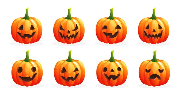 Conjunto Espeluznantes Calabazas Halloween Con Varias Caras Calabazas Naranjas Con — Vector de stock