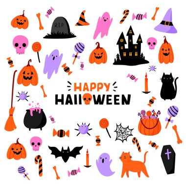 Tatlı cadılar bayramı düz çizgi film vektörü seti. Balkabağı, hayalet, kedi, yarasa, şeker ve diğer geleneksel öğeler. Mektup cümlesi Mutlu Cadılar Bayramı. Cadılar Bayramı Paketler, kartlar, posterler için tasarım elementleri.