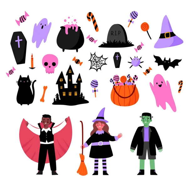 Ensemble mignon vecteur de dessin animé plat Halloween. Citrouille, fantôme, chat, chauve-souris, bonbons, sorcière, vampire, dracula, Frankensteins monstre. Éléments de conception Halloween pour l'emballage, cartes, affiches. Enfants en costumes. — Image vectorielle