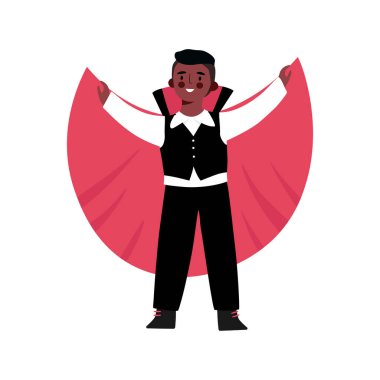 Tatlı Cadılar Bayramı çizgi filmi karakteri. Vampir çocuk, Cadılar Bayramı için Dracula kostümü. Komik ve sevimli karnavalcı çocuk. Vektör illüstrasyonu