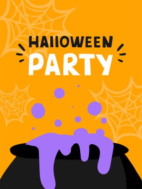 Cadılar Bayramı partisi davetiyesi ya da tebrik kartı, poster, üzerinde geleneksel örümcek ağı olan broşür, cadı kazanı. El yazısı Cadılar Bayramı Partisi vektör çizimi