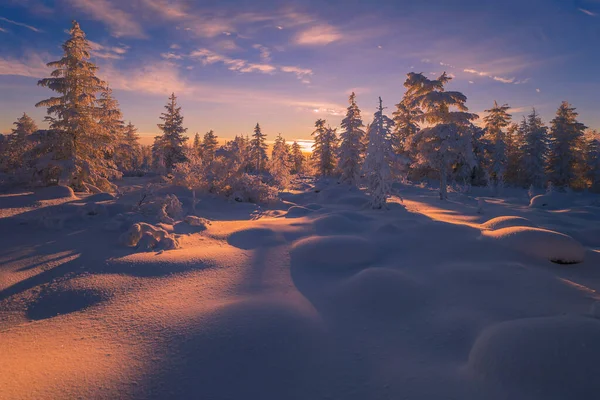 Χειμερινό Snowscape Δάσος Δέντρα Και Χιονισμένα Βράχια Μπλε Ουρανός Χειμερινό — Φωτογραφία Αρχείου