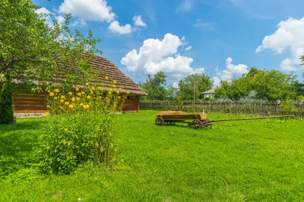 Traditional Village House Blue Sky Green Grass Fence Trees Ukraine — Stock Photo, Image