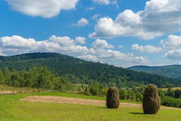 Schöne Ländliche Sommerlandschaft Mit Heuhaufen Freie Sicht Sommeridylle Blauer Himmel — Stockfoto