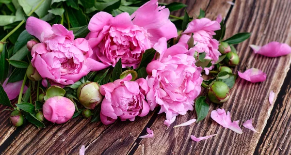 Букет Розовых Пионов Темном Деревянном Фоне — стоковое фото