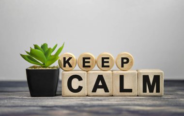 KELP CALM - ahşap küplerle ilgili metin, ahşap arka planda siyah saksıda yeşil bitki