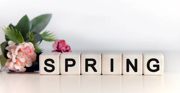 Wiosna Tekst Drewnianych Kostkach Tło Kwiatowe Różowymi Tulipanami Zielona Roślina — Zdjęcie stockowe