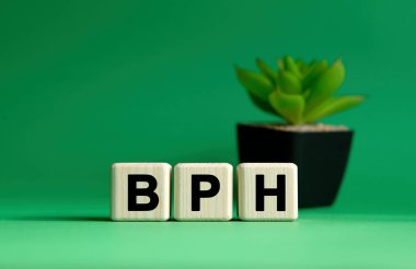 BPH - yeşil arka planda tıbbi konsept. Tahta küpler ve saksıda çiçek.