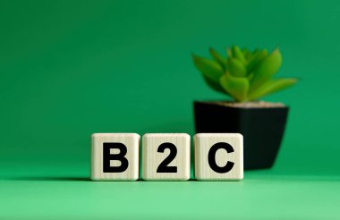 Yeşil arka planda tahta küplerle ilgili B2C ve bir saksı çiçek.