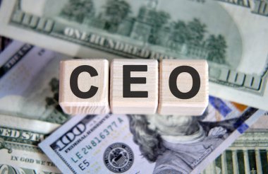 CEO finansal iş konsepti. Arkaplan olarak tahta küpler ve kağıt dolar banknotları