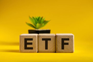 ETF - parlak bir arka planda ahşap küpler üzerinde kavramsal ve arkasında bir çiçek olan bir kap