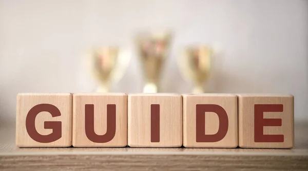 Guide Text Wooden Cubes Winning Cups — Stock Photo, Image