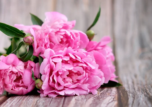 Bouquet Pink Crimson Peonies Lie Close Wooden Table — Stock Photo, Image