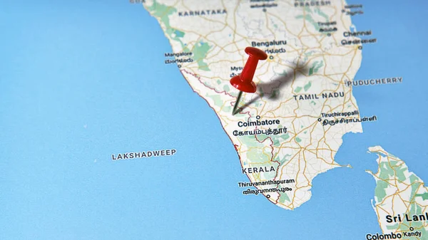 Kerala Indien Auf Einer Karte Mit Einer Farbigen Nadel — Stockfoto