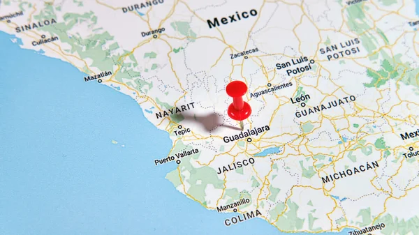 Guadalajara, Mexico on a map showing a colored pin