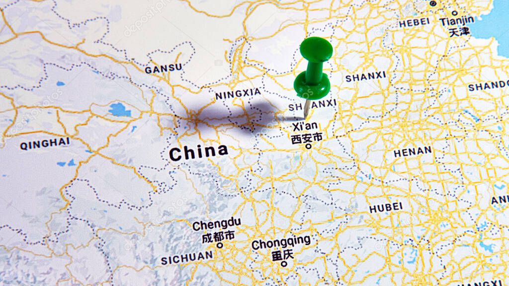 Xi'an, China on a map showing a colored pin