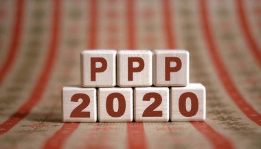 PPP 2020 metin üzerinde ahşap küpleri yansıma ile tek renkli arkaplan.