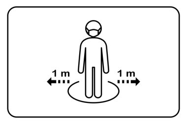 Yeni normal ve sosyal uzaklık kavramı. Tıbbi maskeli bir erkek ve kadın Corona virüsünden korunuyor. 19. insanlar güvenli mesafe sırasını 1 metre koruyorlar. İmza ve sembol düz vektör çizimi.