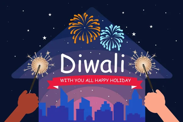 Ilustração Cidade Noite Indiana Pessoas Comemorando Feliz Diwali Hindu Fundo — Vetor de Stock