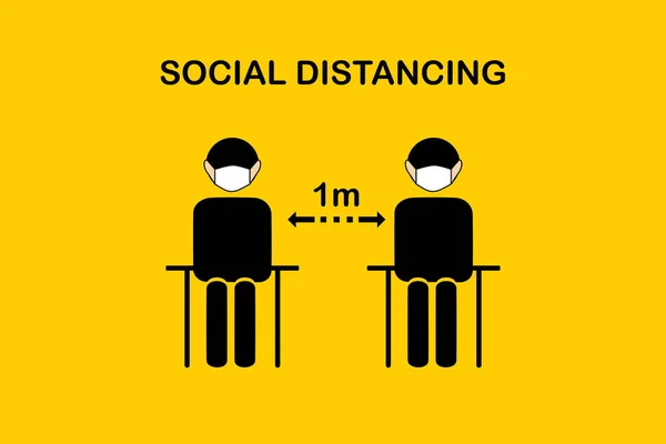 Ikone der sozialen Distanzierung am Arbeitsplatz oder im Restaurant.Menschen, die im Büro sitzen, wenn sie sich treffen. Ein Mann und eine Frau in medizinischen Masken halten am Arbeitsplatz eine soziale Distanz auf.Menschen, die im Restaurant essen. — Stockillustration Ikone Der Sozialen Distanzierung Arbeitsplatz Oder Restaurant Menschen Die Büro — Stockvektor