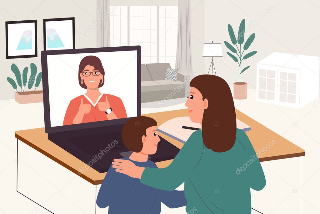 Social distancing education video online at home.Boy with mother learning homework and watching teacher teach on laptop.Communication technology.New normal Distance Flat Vector Illustration.