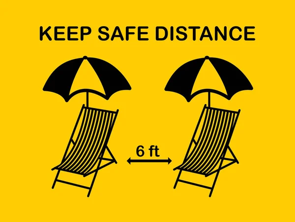 安全な距離を保つ6コロナウイルスによるロックダウン後のビーチで足の日焼けや傘は19をCovid 新しい通常の概念 矢印の間の距離で日なたぼるシンボル — ストックベクタ