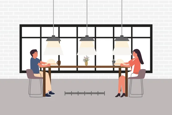 Comida Bebida Concepto Distanciamiento Social Pareja Hombre Mujer Sentados Restaurante — Vector de stock