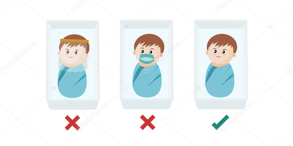 The mask is meant to protection face baby from any respiratory droplets from adults around them coughing or sneezing, but they're not meant to be worn all the time.Flat vector illustration.