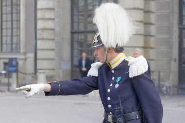 Stockholm, İsveç - Haziran 06, 2018 İsveç Kraliyet Kalesi 'nin dışında İsveç Ulusal Günü kutlamaları sırasında kraliyet muhafızları düzeni korumaktadır.