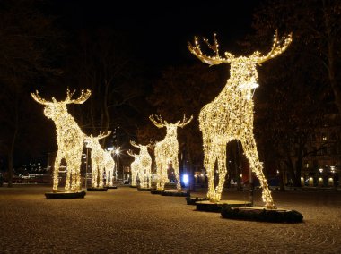 Led ışık Nybrokajen, Stockholm, İsveç, devasa elk veya geyik Noel dekorasyonu yapılan