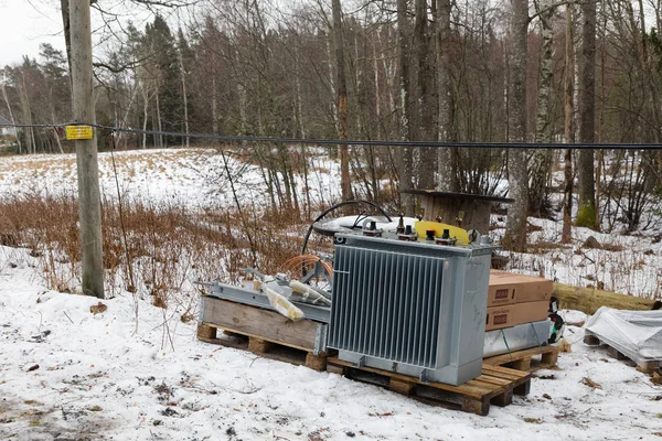 Electrical equipment to replace damaged parts after the terrible storm Alfrida in Roslagen in the east part of Sweden