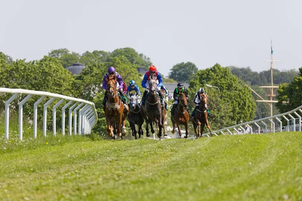 Lutte acharnée entre de nombreux jockeys chevauchant des chevaux de course arabes, tre — Photo