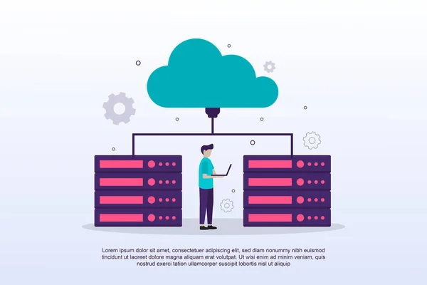 Küçük insanlarla bulut hesaplama konsepti. Web iniş sayfası, pankart ve pazarlama malzemesi olarak kullanılabilir. Vektör İllüstrasyonu