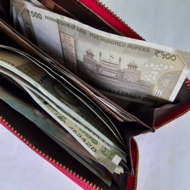 Hindistan 'ın yeni para birimi notları düzenli bir şekilde düzenlenmiştir. Cüzdanındaki beyaz paralarla birlikte.